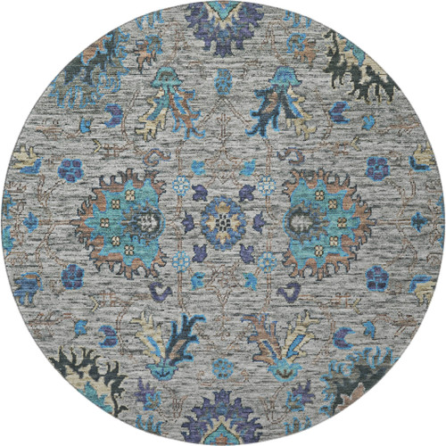 8' Pewter And Teal Oriental Washable Round Rug With UV Protection