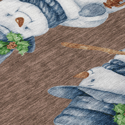 8' Brown Denim Blue And Ivory Round Snowmen Washable Indoor Outdoor Area Rug