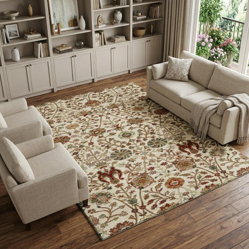8' X 10' Ivory Red And Blue Floral Washable Area Rug With UV Protection