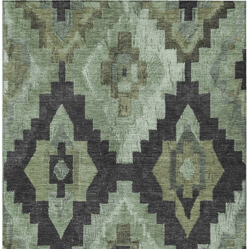 5' X 8' Artichoke Green And Charcoal Aztec Washable Indoor Outdoor Area Rug