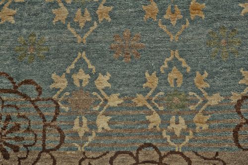 6' X 9' Green Blue and Brown Floral Hand Knotted Area Rug
