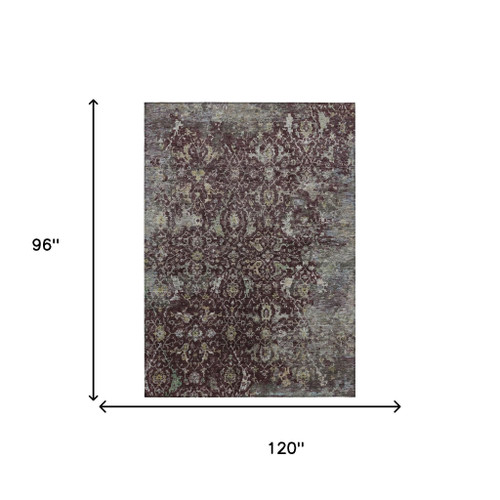 8' X 10' Burgundy And Gray Damask Washable Indoor Outdoor Area Rug