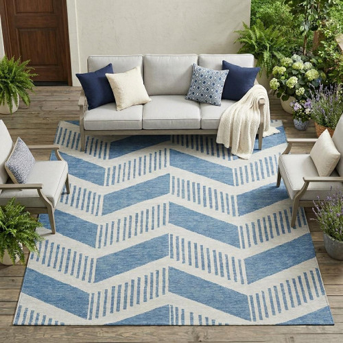 10' X 14' Denim Blue And Blue Geometric Washable Indoor Outdoor Area Rug