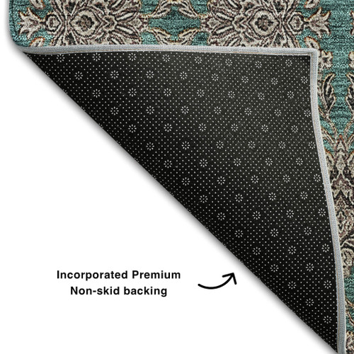 10' X 14' Teal And Beige Floral Washable Area Rug With UV Protection