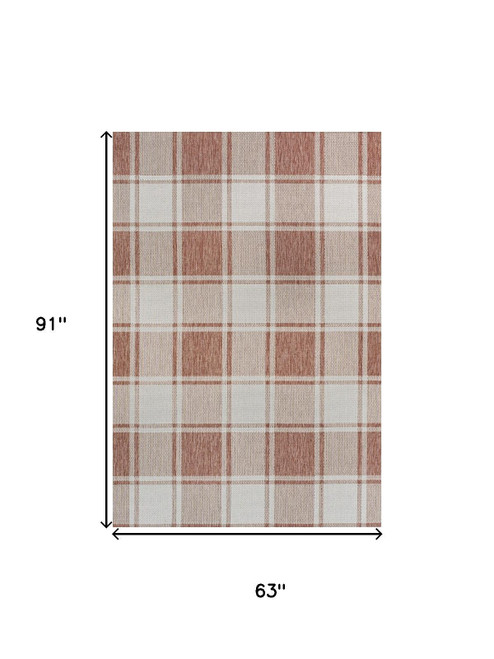 5' X 8' Salmon And Cream Gingham Indoor Outdoor Area Rug