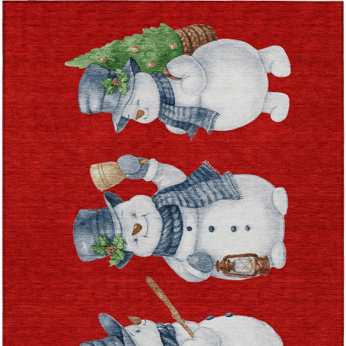 8' X 10' Red Denim Blue And Ivory Snowmen Washable Indoor Outdoor Area Rug
