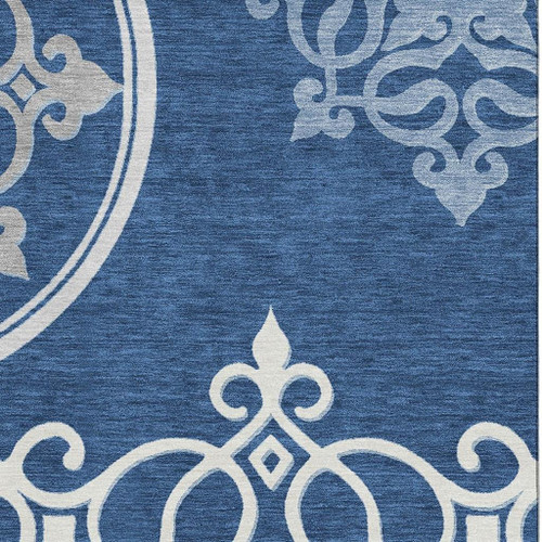 3' X 5' Navy Blue Ivory And Gray Floral Medallion Washable Area Rug With UV Protection