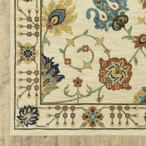 8' Ivory Yellow And Dark Orange Oriental Runner Rug With Fringe