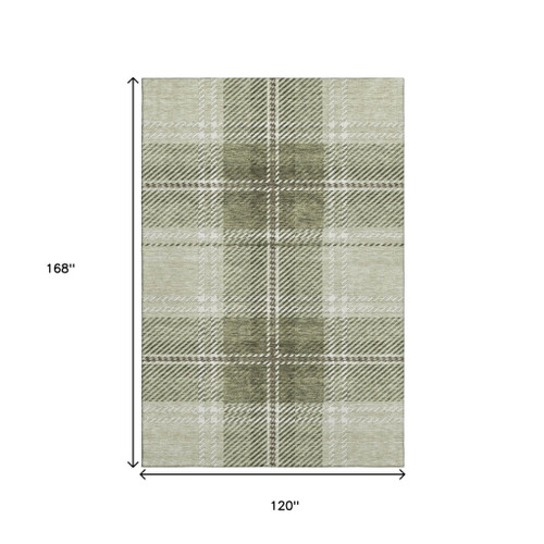 10' X 14' Artichoke Green And Ivory Plaid Washable Area Rug With UV Protection