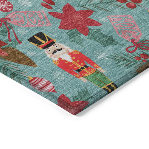5' X 8' Teal Blue Red Black Pink And Brown Floral Washable Indoor Outdoor Area Rug