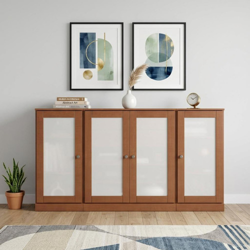 65" Coffee Solid Wood Two Drawer Sideboard With Four Glass Doors
