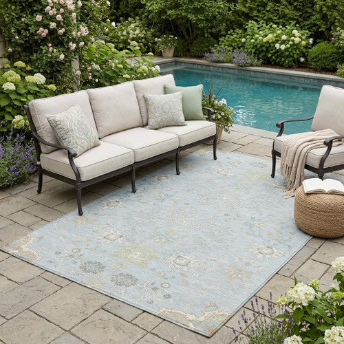 5' X 8' Sky Blue And Ivory Oriental Washable Indoor Outdoor Area Rug