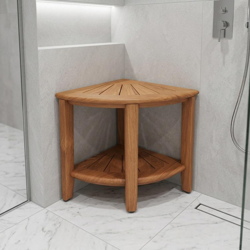 18" X 16" Brown Teak Corner Rectangular Shower Bench With Shelf