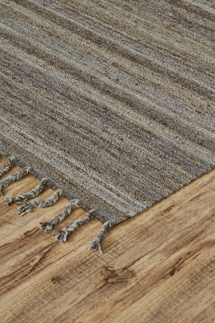 9' X 12' Gray and Green Wool Striped Hand Woven Area Rug With Fringe