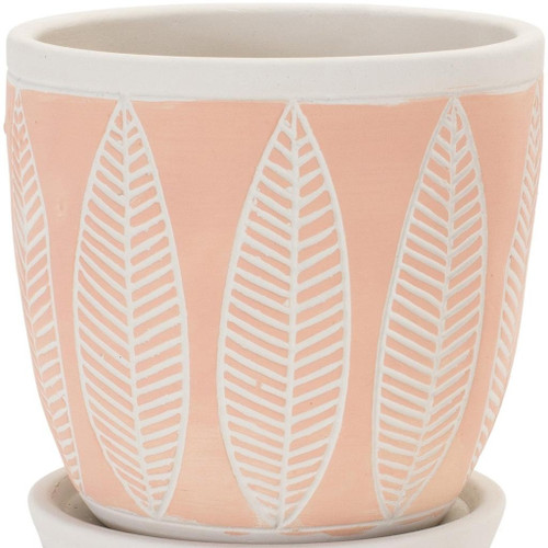 Set of Two Pink And Beige Cement 1 Ounce Leaf Round Pot Planters
