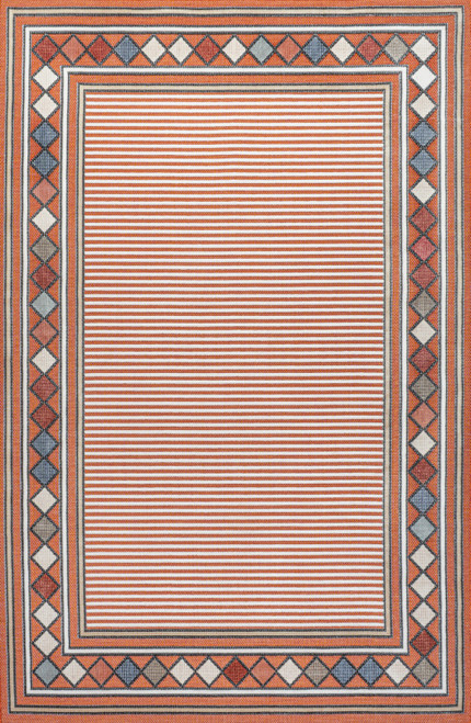 4' X 6' Orange And Ivory Geometric Indoor Outdoor Area Rug