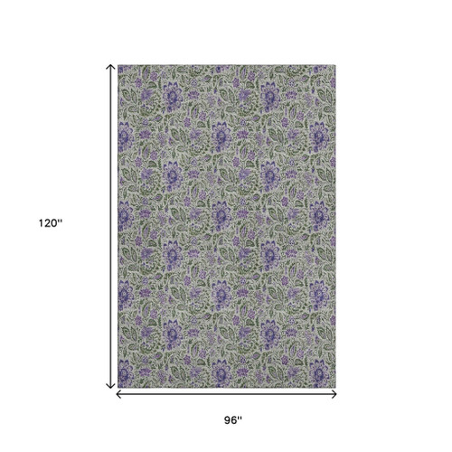 8' X 10' Olive Green And Purple Floral Washable Area Rug With UV Protection
