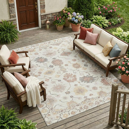 8' X 10' Ivory And Sky Blue Oriental Washable Indoor Outdoor Area Rug