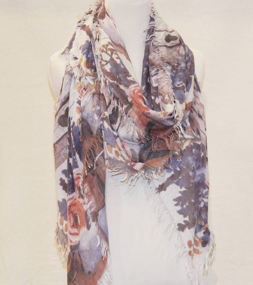 Floral Rose & Lavender Fringe-Accent Scarf