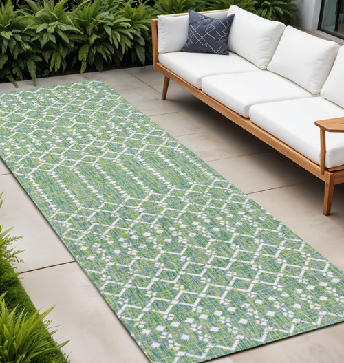 10' Green And Cream Trellis Indoor Outdoor Runner Rug