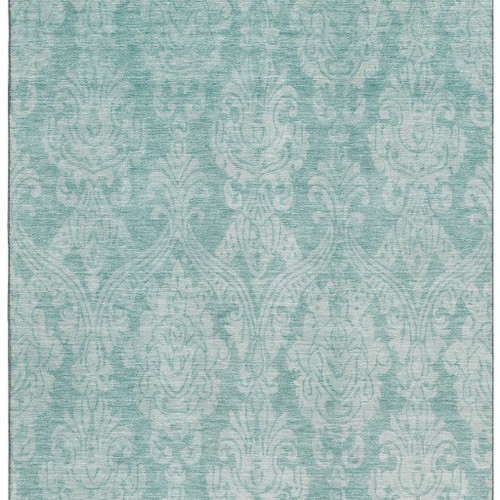 8' X 10' Aqua Teal And Ivory Damask Washable Area Rug With UV Protection