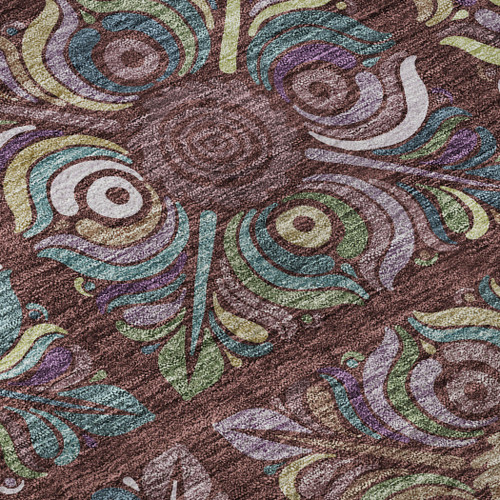 8' Rust Purple And Teal Medallion Washable Round Rug With UV Protection