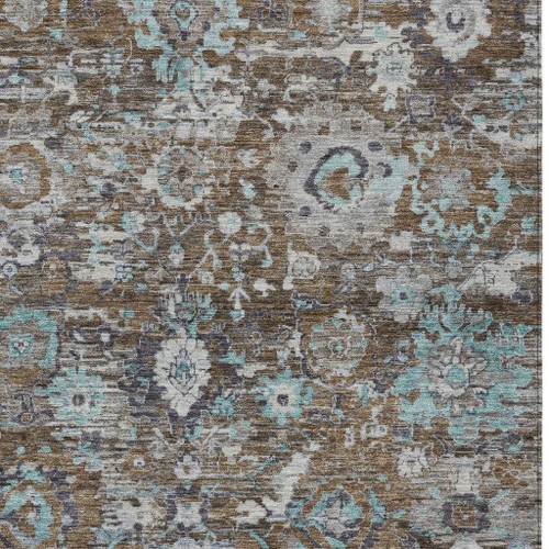 10' X 14' Brown And Teal Blue Floral Washable Indoor Outdoor Area Rug