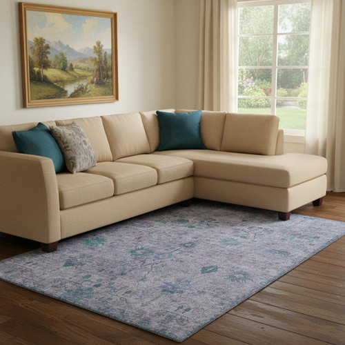 8' X 10' Lavender And Teal Oriental Washable Area Rug With UV Protection