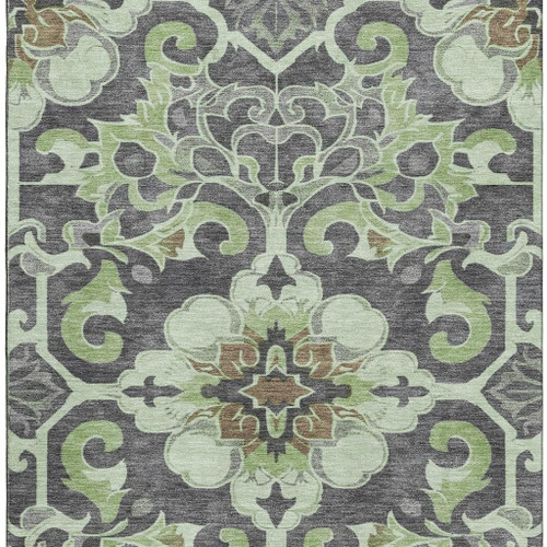 10' X 14' Artichoke Green Charcoal And Gray Floral Medallion Washable Area Rug With UV Protection