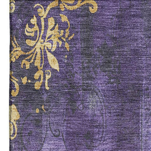 8' X 10' Purple And Gold Floral Washable Area Rug With UV Protection