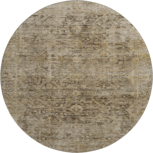 8' Brown And Beige Oriental Washable Round Rug With UV Protection