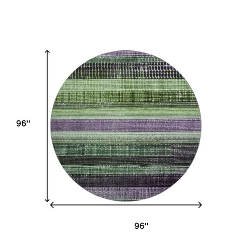 8' Purple And Green Striped Washable Round Rug With UV Protection