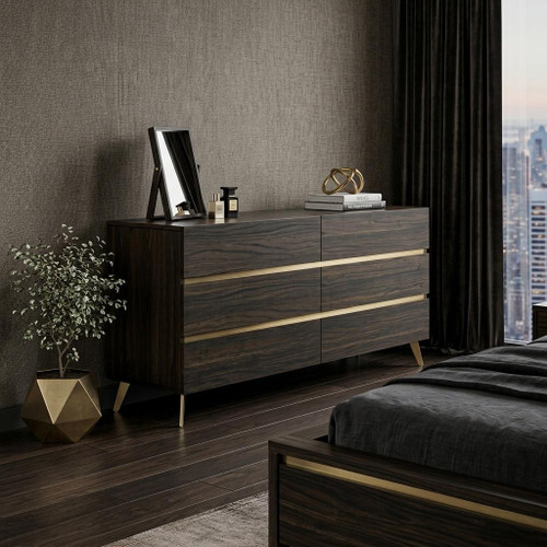 61" Brown Gold And Gray Faux Marble Wood and Metal Six Drawer Double Dresser
