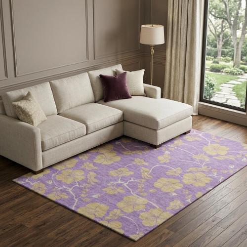 10' X 14' Purple And Gold Floral Washable Area Rug With UV Protection