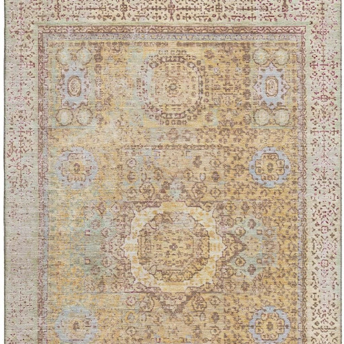 5' X 8' Gold And Beige Oriental Washable Area Rug With UV Protection