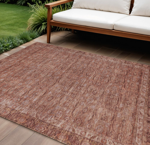 10' X 14' Terra Cotta And Rust Floral Washable Indoor Outdoor Area Rug
