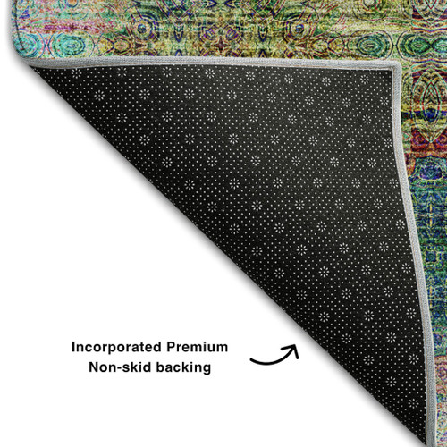 10' X 14' Green Blush And Teal Floral Medallion Distressed Washable Area Rug With UV Protection
