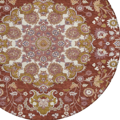 8' Burgundy And Red Round Damask Washable Indoor Outdoor Area Rug