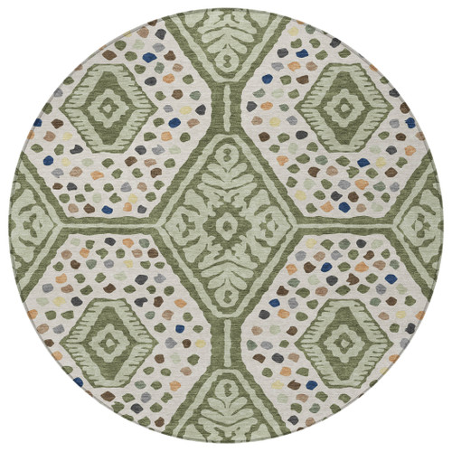 8' Sage And Beige Round Tribal Washable Indoor Outdoor Area Rug