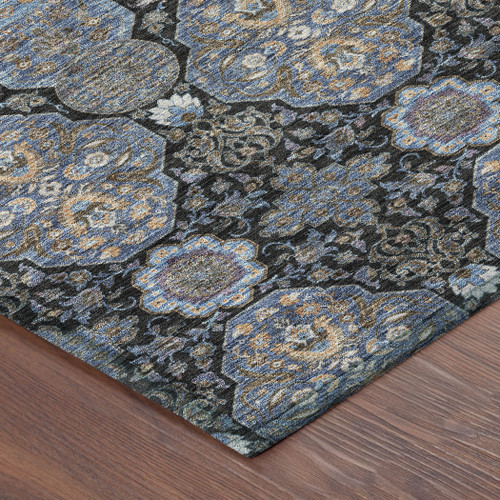 8' Black And Navy Blue Round Floral Washable Indoor Outdoor Area Rug
