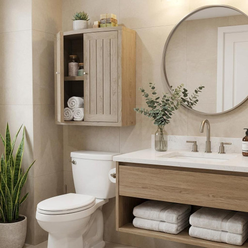 24" Natural Solid Wood Wall Mounted Shaker Style Double Door Bathroom Cabinet
