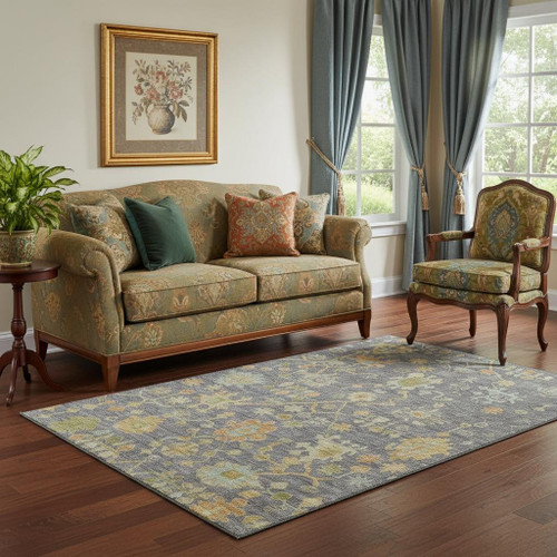 5' X 8' Gray Gold And Blue Floral Washable Area Rug With UV Protection
