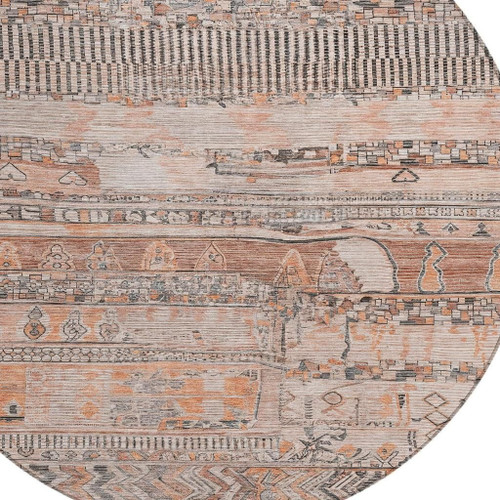 8' Terra Cotta And Gray Round Striped Washable Indoor Outdoor Area Rug