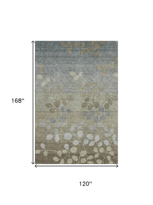 10' X 14' Khaki And Gray Floral Washable Area Rug With UV Protection