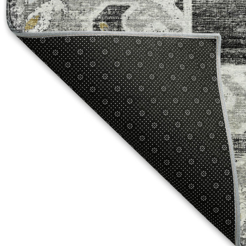9' X 12' Graphite Gold And Charcoal Floral Medallion Distressed Washable Area Rug With UV Protection