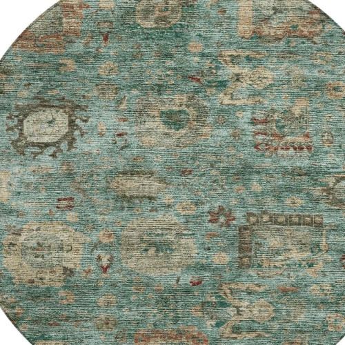 8' Blue And Teal Blue Round Abstract Washable Indoor Outdoor Area Rug