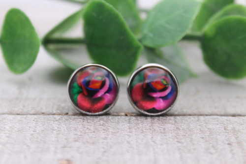 Vibrant Rose | Glass Stud Earrings | Hypoallergenic