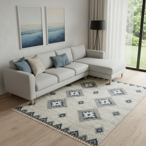 8' X 11' Ivory Blue And Gray Geometric Shag Non Skid Area Rug