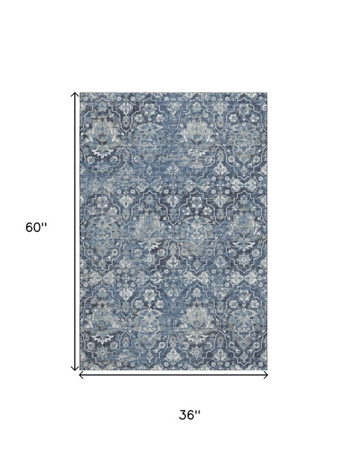 3' X 5' Blue And Ivory Floral Medallion Distressed Washable Area Rug With UV Protection