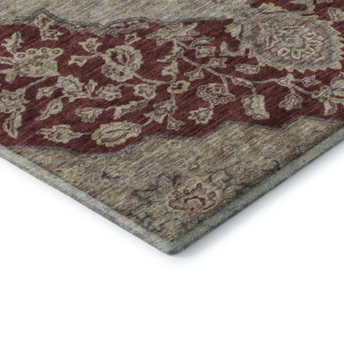 5' X 8' Burgundy Beige And Gray Floral Medallion Washable Area Rug With UV Protection